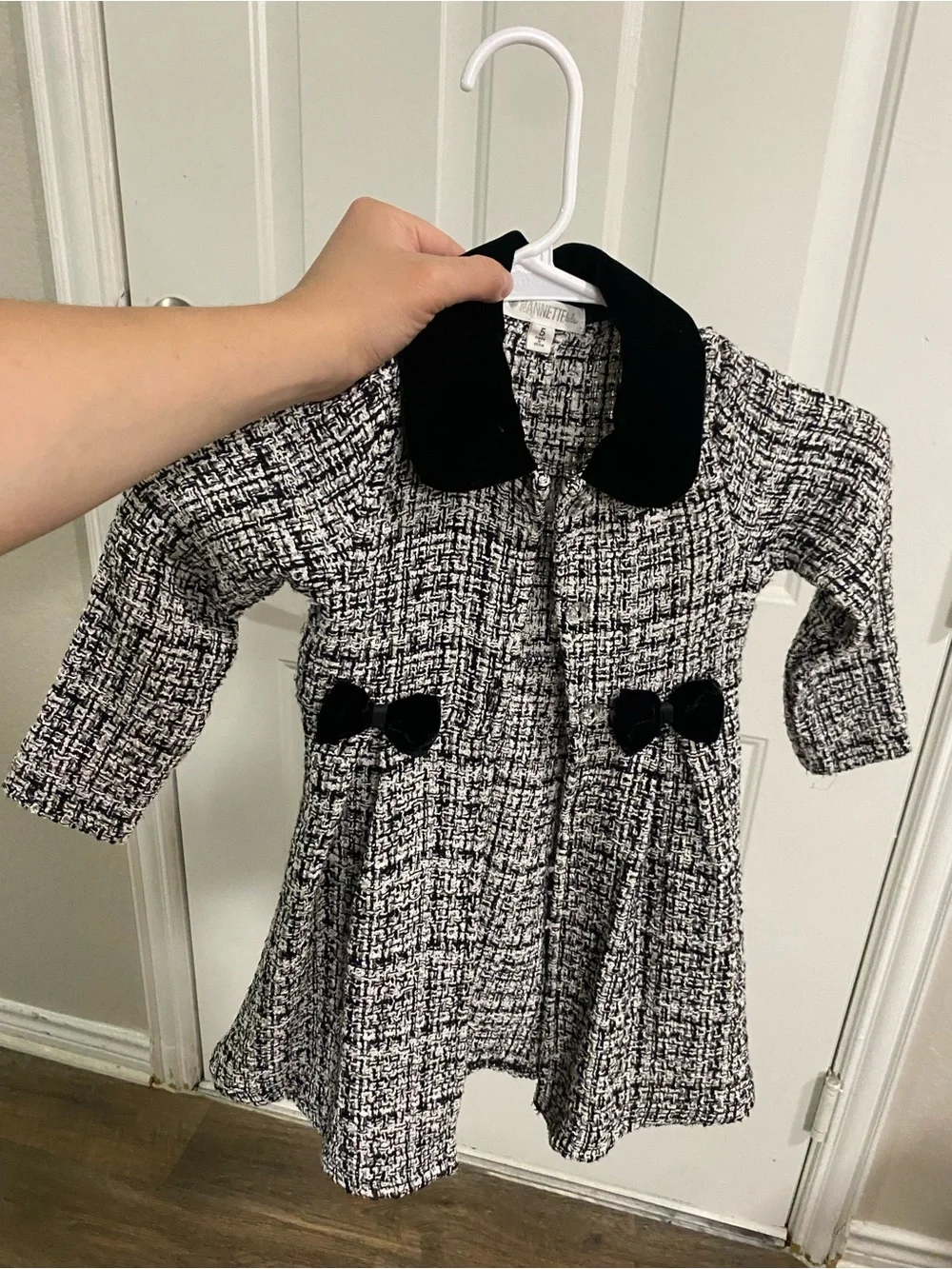 Nannette Black & White Tweed Pea Coat with Black Velvet Collar